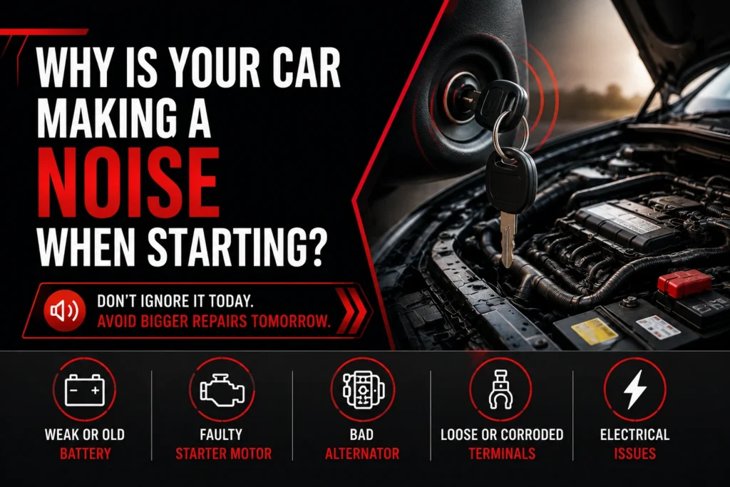 Car making clicking noise when starting in Qatar due to weak battery, faulty starter motor, alternator, or electrical issues.