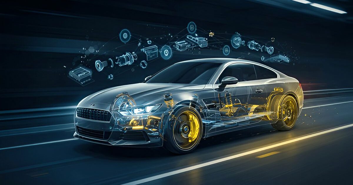 High-tech car with digital overlay displaying internal parts and systems for automotive diagnostics.