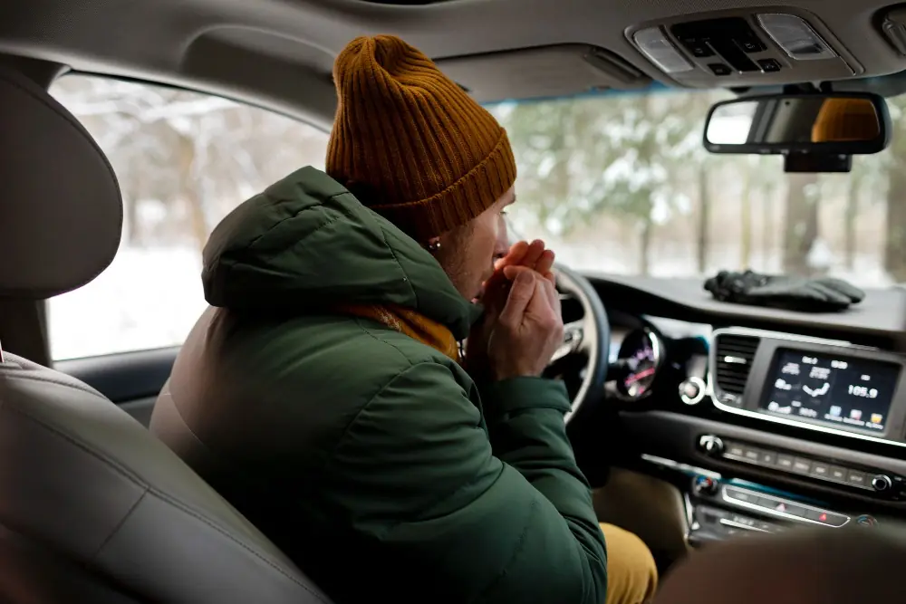 Man in winter clothing sitting inside car, warming hands near heater on a cold snowy day.