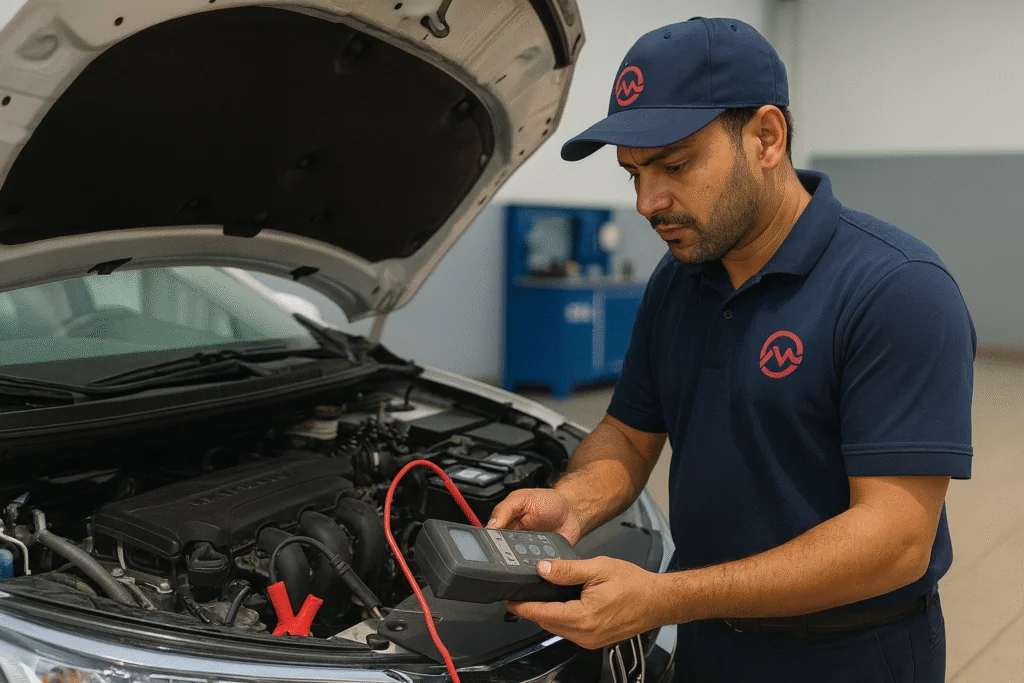 A man testing Honda car battery for battery replacement services.