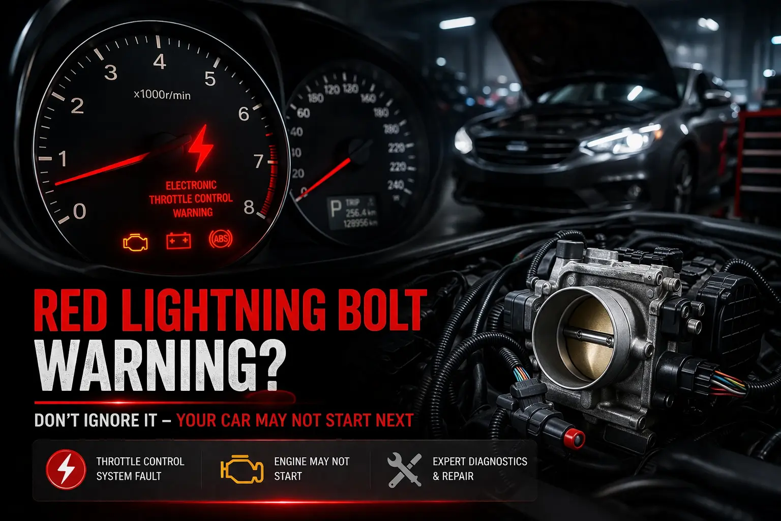 red lightning bolt warning electronic throttle control issue car repair Doha professional diagnostics car service Qatar