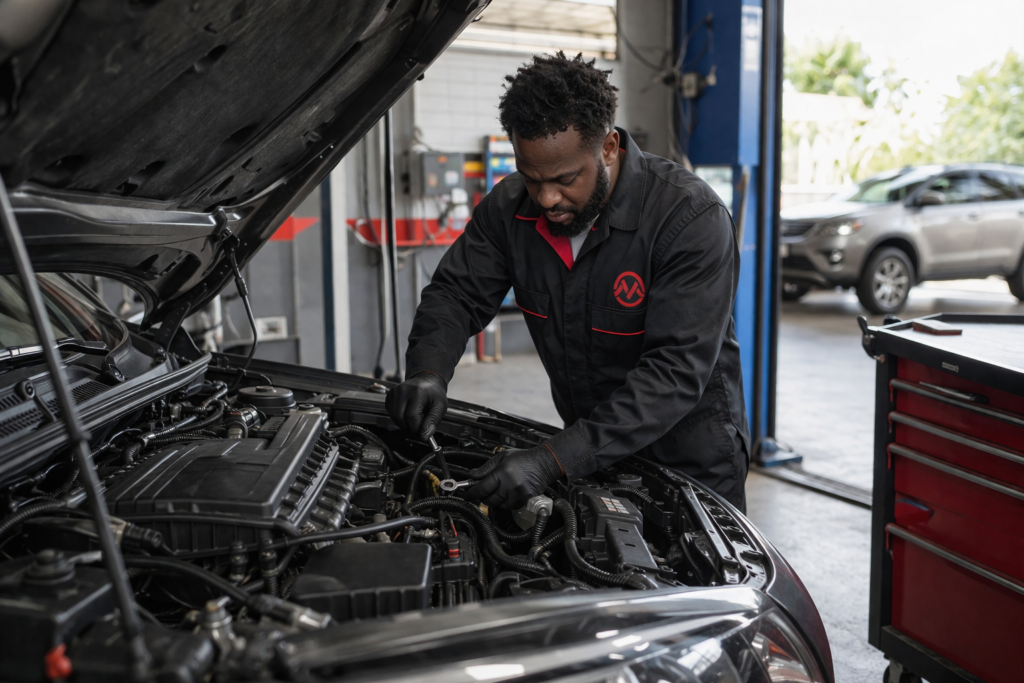 mechanic checking electronic throttle control system car service Qatar throttle body repair Doha