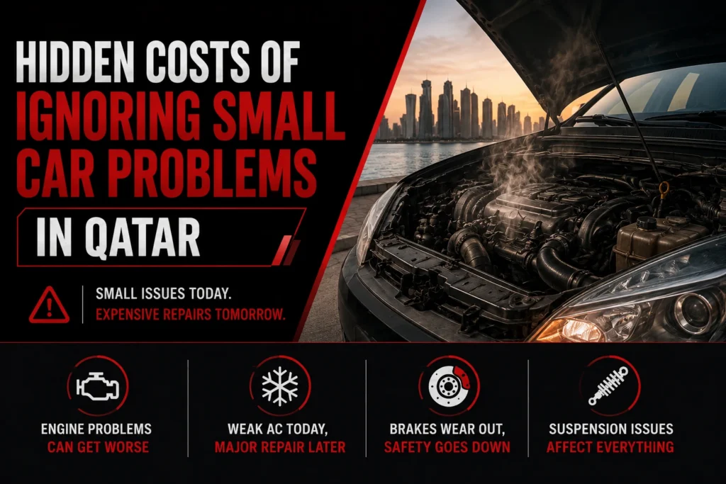 Car repair service in Doha showing the risks of ignoring small car problems like engine issues, weak AC, brake wear, and suspension damage that can lead to costly repairs in Qatar.